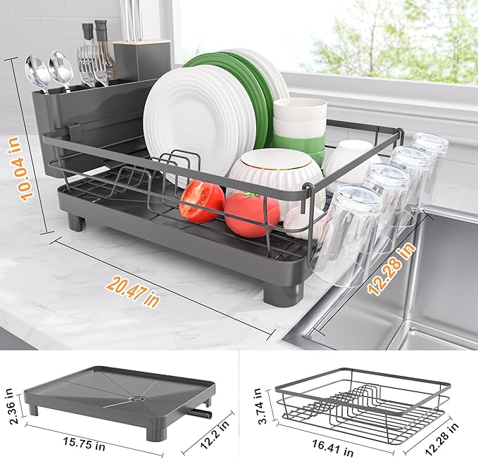 Runnatal Dish Drying Rack, Stainless Steel Dish Rack with Drainboard for Kitchen Counter and Sink, Large Capacity Dish Drainer, Detachable 2-in-1 Utensil Holder, Cup Holder, Black