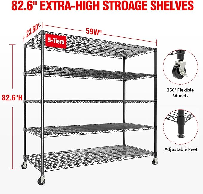 GAOMON 59" W Storage Shelves 86.2" H Heavy Duty Garage Shelving Units with Wheels, 5-Tiers Wire Shelving Rack Metal Storage Shelves for Garage Pantry Kitchen Commercial Industrial, 3300LBS Capacity