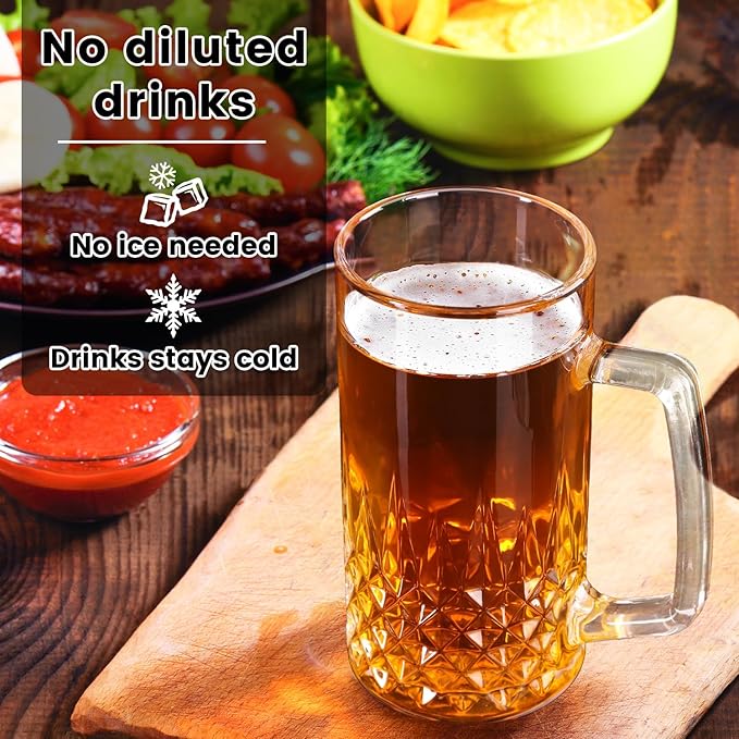 Beer Mugs For Freezer, 20 oz Large Heavy Glass Mugs with Handles Set of 2, Clear Large Beer Steins for Tea, Coffee, Lead-Free Glasses Oktoberfest Style, Best Gifts for Dad Husband or Friend