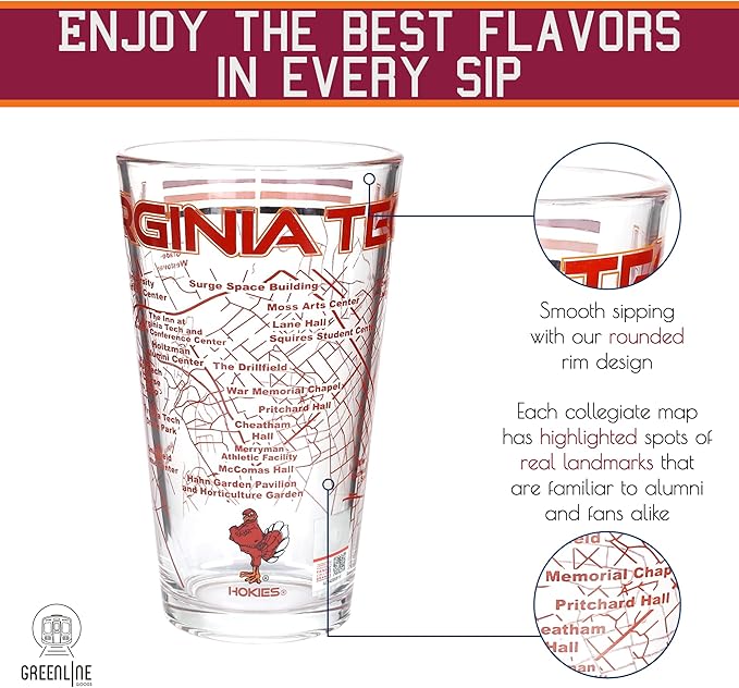 Greenline Goods – Virginia Tech University Hokies College Pint Beer Glasses (Set of 2), 16 oz – Full-Color Logo + Campus Map