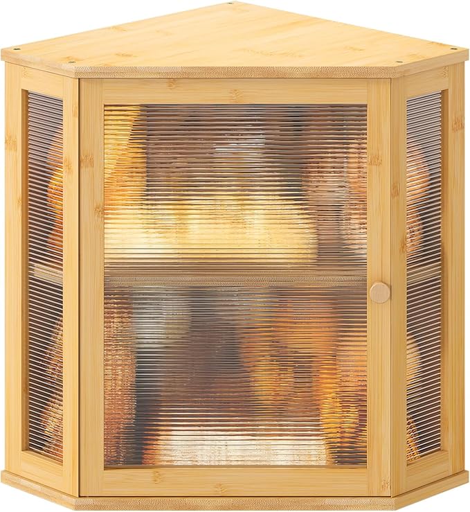 Corner Bread box for Kitchen Countertop,Farmhouse Bread Box with Acrylic Wavy Door Panel,Large Bread box for kitchen countertop,Kitchen Countertop Food Storage Container (Natural, Extra Large)