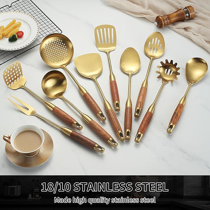 Stainless Steel Kitchen Utensils Set with Wood Handle 18/10 Metal Cooking Utensils Set, 10 Piece - Spatula, Spoon, Ladle, Skimmer, Slotted Turners, Pasta,Turner, Ladl, Fork