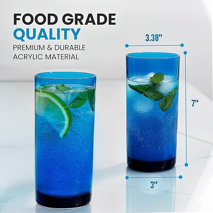 Zulay Kitchen Acrylic Glasses Drinkware - 6 Piece Unbreakable Plastic Tumblers - BPA-Free, Reusable Plastic Drinking Glasses for Home & Outdoors - Stackable, Lead-Free, Dishwasher Safe, Blue (24oz)