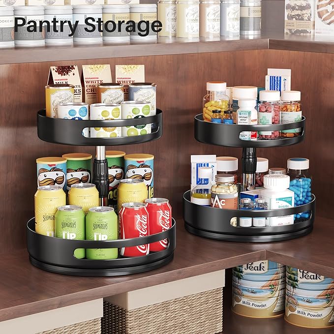 Lazy Susan Organizer Spice Rack - 2 Tier Height Adjustable Spice Organization for Cabinet, Metal Seasoning Organizer Lazy Turntable Spice Organizer for Table Top Pantry Kitchen Storage (10 inch)