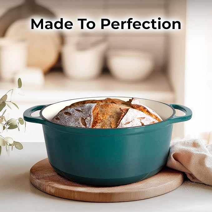 Zulay Kitchen 7.7 Quart Enameled Cast Iron Dutch Oven Pot with Lid – Premium Durability & Oven Safe up to 500°F – Heavy Duty Cookware Perfect for Bread Baking, Stews, Braising & Roasting – Emerald