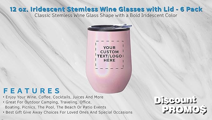 Custom Palmera Stemless Wine Tumblers with Lids 12 oz. Set of 6, Personalized Bulk Pack - Perfect for Wine, Cocktails, Other Hot & Cold Beverages - Iridescent Pink
