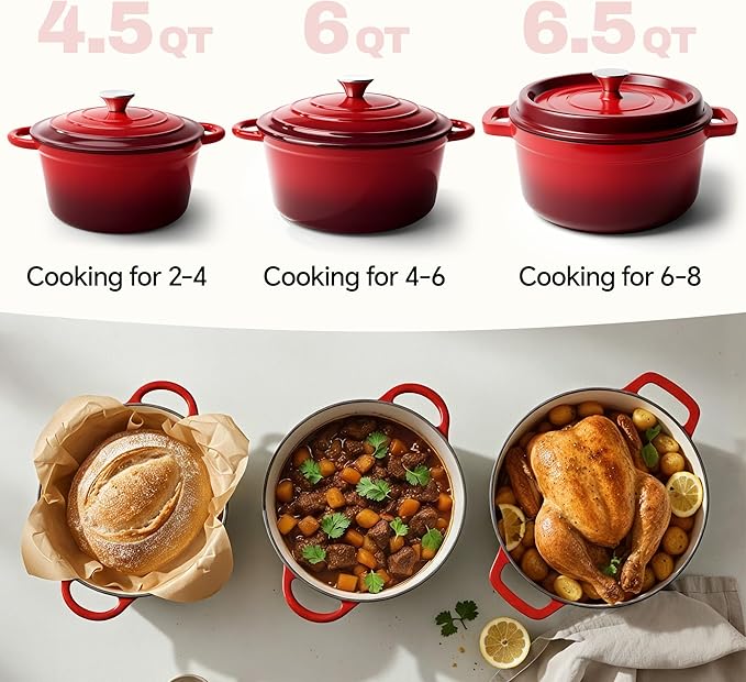 6.5 Quart Dutch Oven Pot with Lid, Non Stick Enameled Cast Iron Dutch Oven for Bread Baking, Heavy-Duty, Oven Safe Ceramic Cookware Up to 500°F for Baking, Braising, Stews, Roasting, Red