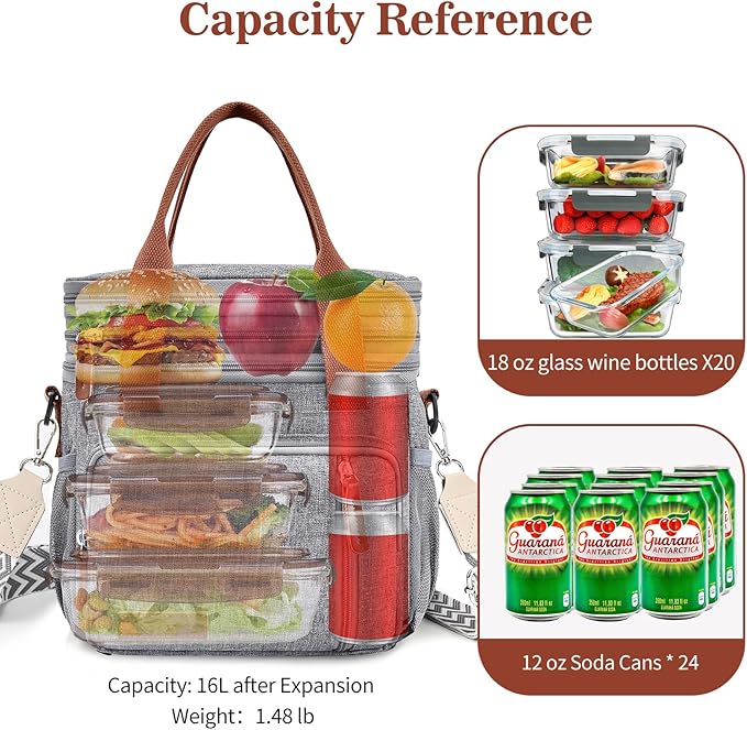 LOKASS Lunch Box & Lunch Bag for Women Men Double Deck, Large Insulated Adult Lunch Box Leakproof Lunchbox Cooler Bag for Work Picnic Beach,（Gray16L）