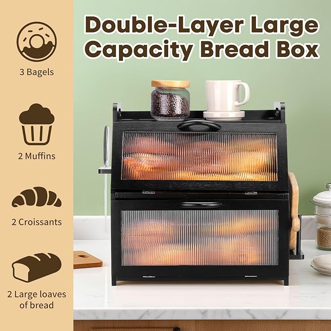 Bread Box for Kitchen Counter Top, Large Bread Storage Container for Homemade Bread, Bamboo Farmhouse Organizers, Double Layer Bread Bin,Black
