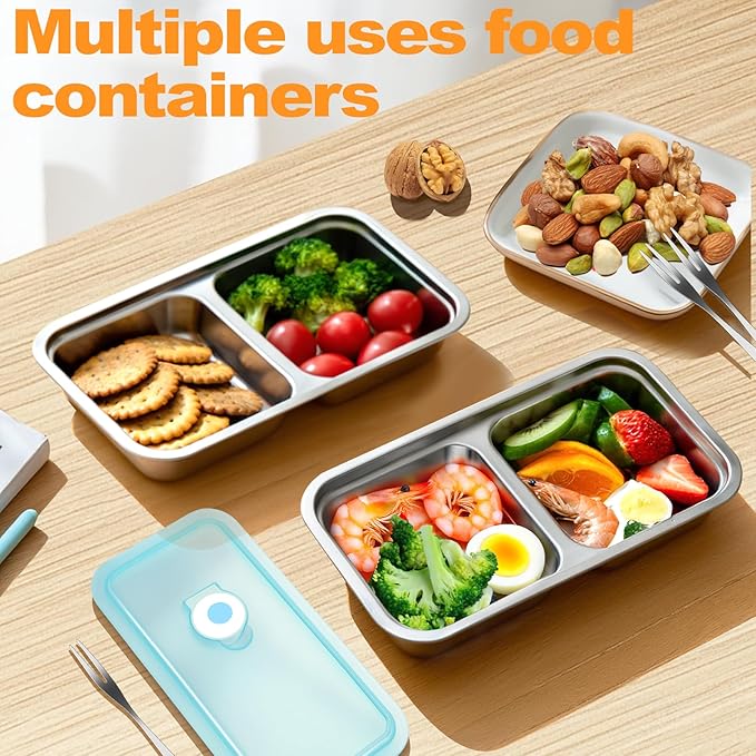 Stainless Steel Snack Containers with Lids, Reusable Bento Lunch Container Box, Food Storage, Leak Proof, Dishwasher-Safe, Grab and Go for Work, 6 Pack (Double Compartment)