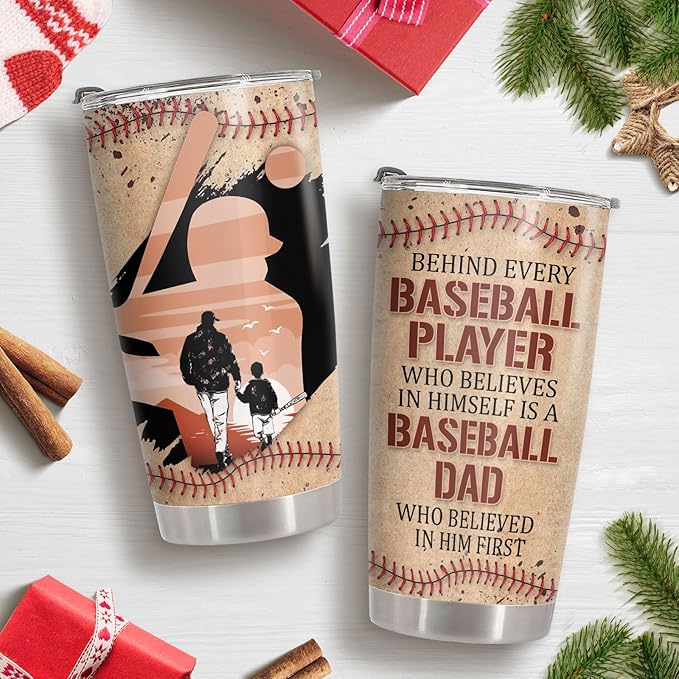 34HD Sport Gifts, Baseball Dad Tumbler with Lid 20 oz Stainless Steel, Behind Every Player Coffee Mug, Baseball Dad Birthday Gifts from Son Christmas Gift