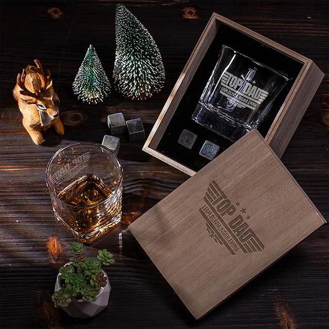 Personalized Whiskey Gifts for Dad- 11 Oz Engraved Custom Engraved Whiskey Glass in Wooden Box - Father's Day Present, Dad Birthday Gifts From Daughter, Wife or Son - Old Fashion Glass for Daddy