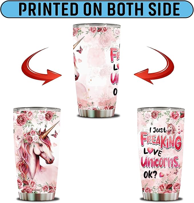 Unicorn Tumbler 20oz Cute Animal Gift for Women, Girls Who Freaking Love Unicorns Lovers Flower Perfect Birthday Christmas Valentine Wife Daughter Insulated Stainless Steel Coffee Cup with Lid