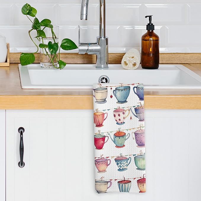 Colorful Teacups Kitchen Dish Towels, Tea Lovers Gifts for Women Girls, Tea Time Watercolor Coffee Mugs Cups Hand Towels Kitchen Tea Towels Decorations, 16x24inch