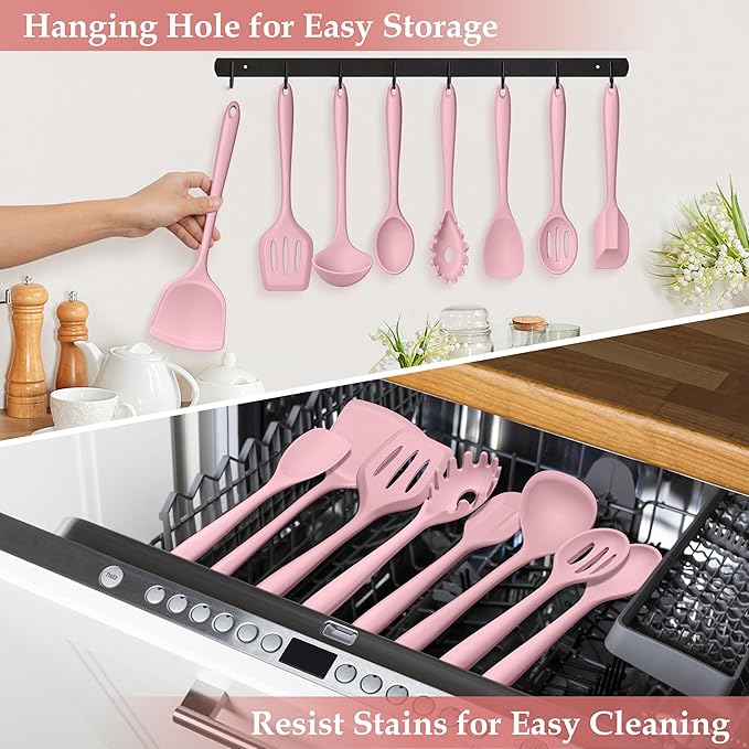 LIANYU Kitchen Silicone Utensils Set, 8Pcs Cooking Utensils Spatula Set for Nonstick Cookware, Heat Resistant Kitchen Gadgets Include Silicone Spoon, Turner, Spatula, Ladle, Dishwasher Safe, Pink
