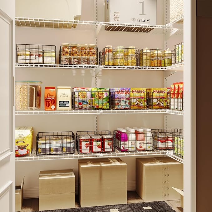 X-cosrack Metal Wire Basket Organizers Foldable & Wall Mounted Freezer Organizer Bins with Handles 4 Pack- Extra Large Mesh Bin for Pantry Organization Kitchen Laundry Closet Garage Patent Design