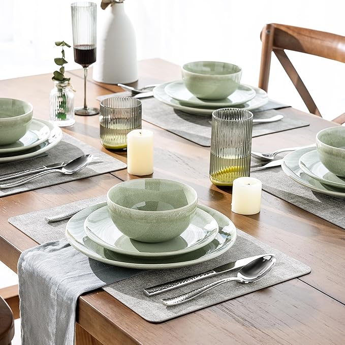 AmorArc Ceramic Dinnerware Sets for 8, 24 Pieces Handpainted Plates and Bowls Set, Scratch Resistant Stoneware Dishes Set, Dishwasher & Microwave Safe, Olive Green