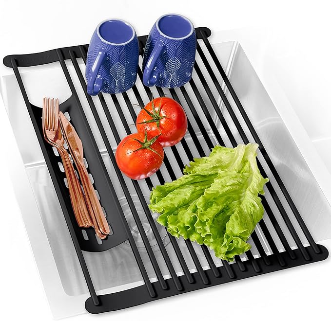 Multipurpose Roll-Up Dish Drying Rack - Silicone Wrapped, Heat-Resistant, Anti-Slip - Perfect for Small Kitchen Sink, 17" x 13"