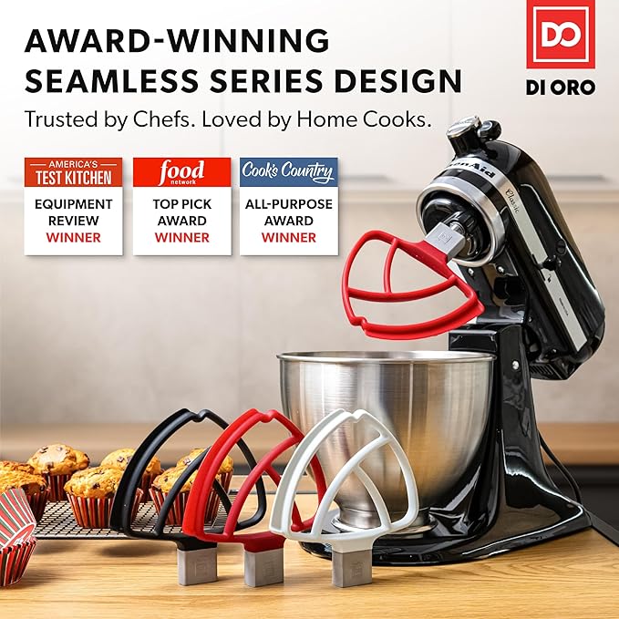 DI ORO Seamless Series Flex Edge Beater for KitchenAid Tilt-Head Stand Mixer - 4.5-5 Quart Flat Beater Paddle - Flexible Silicone Edges for Scraping & Mixing Bowls - Dishwasher Safe & BPA Free (Black)