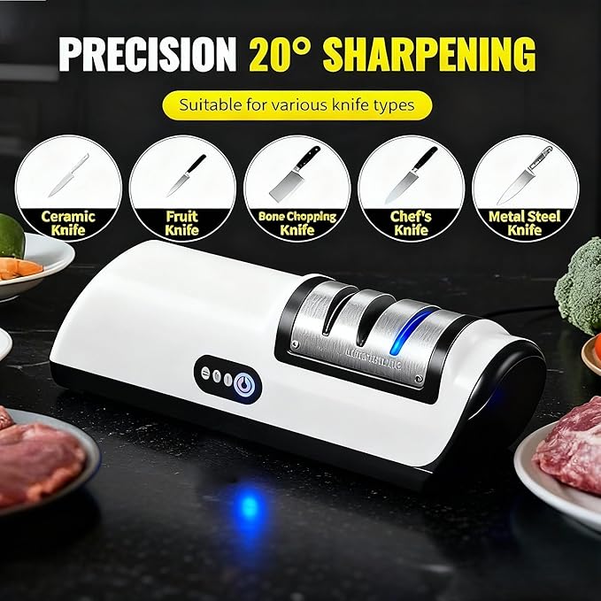 Electric Knife Sharpener with 20° Auto Angle Guide | 2-Stage Diamond Sharpening System | Rechargeable Professional Kitchen Knife Sharpener for Chef, Home & Stainless Steel Knives