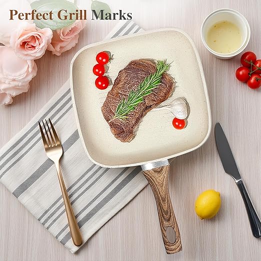 Grill Pan, Skillet Set 3 Piece, Frying Pan Non Stick with Stay Cool Handle & PFOA Free,Compatible with all Stovetops, Biege (9.5"10" 11")