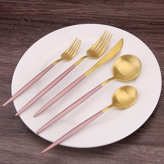 Matte Gold Silverware Set with pink handle, Bysta 20-Piece Stainless Steel Flatware Set, Kitchen Utensil Set Service for 4, Tableware Cutlery Set for Home and Restaurant, Satin Finish, Dishwasher Safe