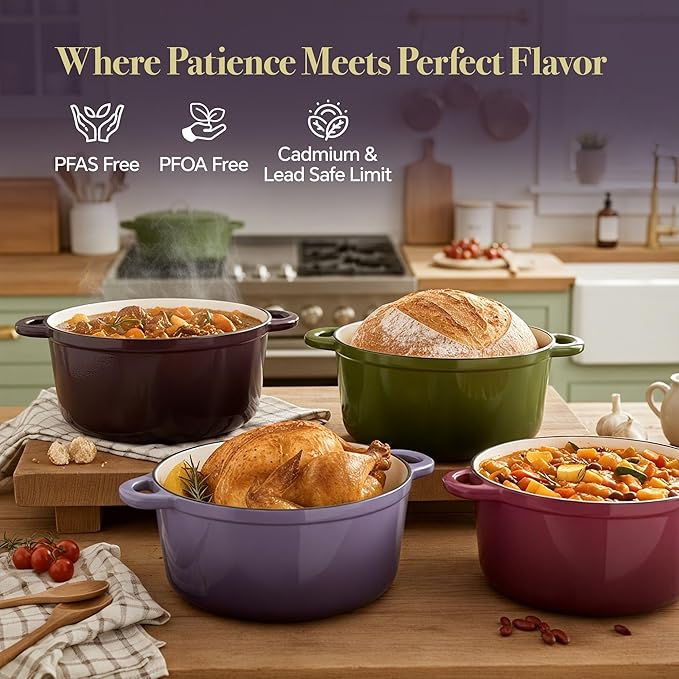 6 Quart Dutch Oven Pot with Lid, Non Stick Enameled Cast Iron Dutch Oven for Bread Baking, Heavy-Duty, Oven Safe Ceramic Cookware Up to 500°F for Baking, Braising, Stews, Roasting, Purple