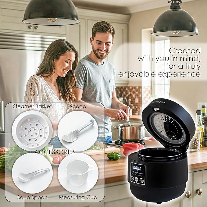 MAGiC COM Mini Rice Cooker 4 Cup Uncooked (8 Cup Cooked), Small Digital Multi-Cooker with Steamer, 24H Delay Timer, Automatic Keep Warm, Non-Stick Pot, Perfect for Dorm, Travel, Single Serve (Black)