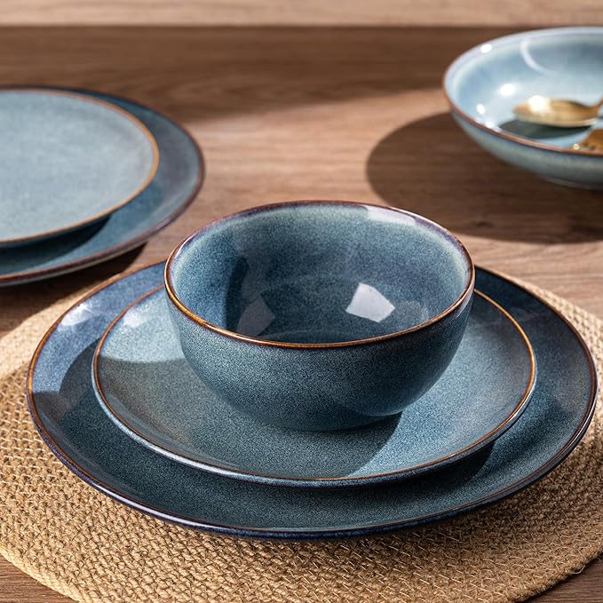 AmorArc Ceramic Dinnerware Sets for 4, 12 Pieces Handpainted Plates and Bowls Set, Scratch Resistant Stoneware Dishes Set, Dishwasher & Microwave Safe, Ceylon Blue
