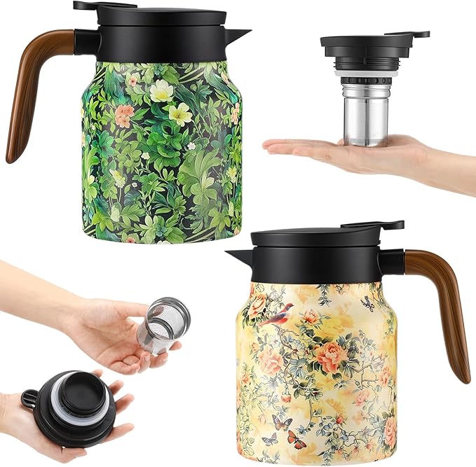LemonRoad 2 Pcs Vintage Floral Pattern Tea Pot, Vintage Teapot with Infuser, Floral Pattern Tea Pot with Lid, Wooden Handle Thermal Carafe for Hot Drinks Coffee(Green, Pink)