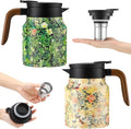 LemonRoad 2 Pcs Vintage Floral Pattern Tea Pot, Vintage Teapot with Infuser, Floral Pattern Tea Pot with Lid, Wooden Handle Thermal Carafe for Hot Drinks Coffee(Green, Pink)