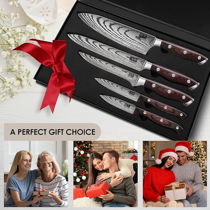 SHAN ZU Japanese Chef Knife Set 5 PCS, High Carbon Stainless Steel Ultra Sharp Kitchen Knives for cooking, Professional Chef Knife Set with Ergonomic Pakkawood Handle