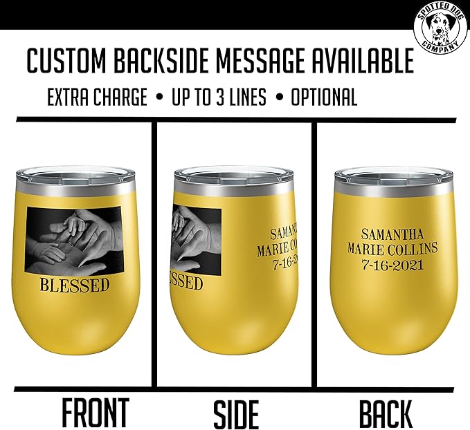 Personalized 12oz (17 Colors) Mother's Day Photo Picture Printed Insulated Stainless Steel Powder Coated Stemless Wine Tumbler with Lid, Customized Gift Idea for Her, Coach Gifts Team Mom Dad (Yellow)