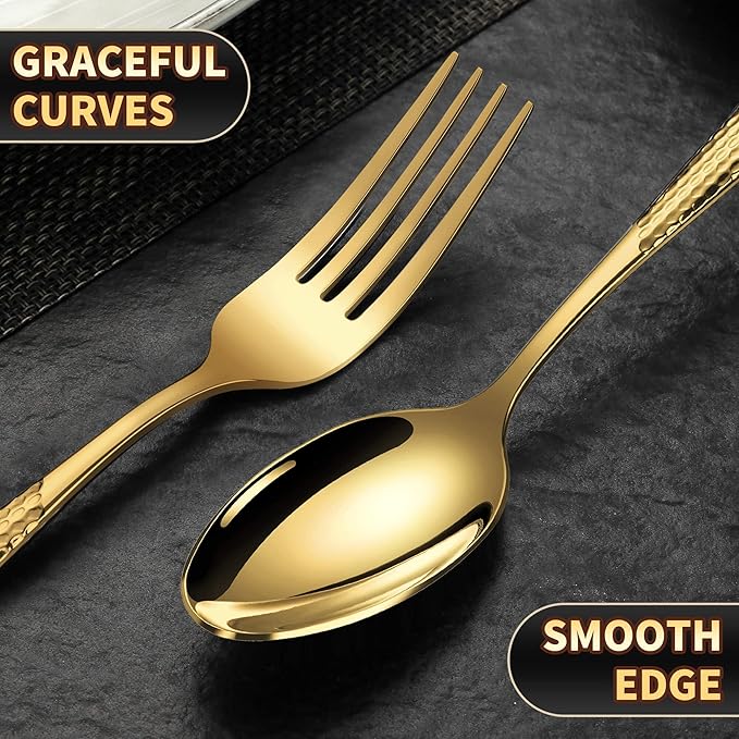 Lemeya 40-Piece Hammered Gold Silverware Set for 8 with Serrated Forging Knives,18/10 Stainless Steel Modern Flatware Set,Unique Cutlery Set Spoons and Forks Set,Mirror Polished,Dishwasher Safe
