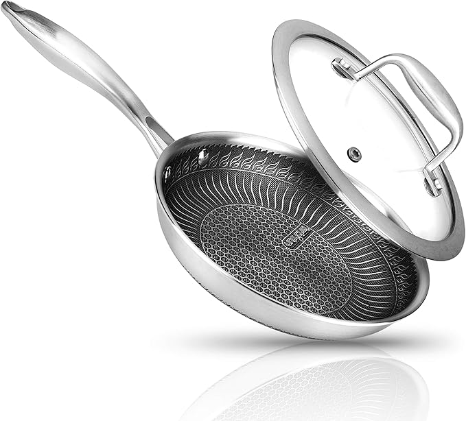 NutriChef 8" Stainless Steel Frying Pan - Triply Kitchenware Stir Fry Pan Kitchen Cookware w/DAKIN Etching Non-Stick Coating, Scratch-resistant Raised-up Honeycomb Fire Textured Pattern - NC3PL8