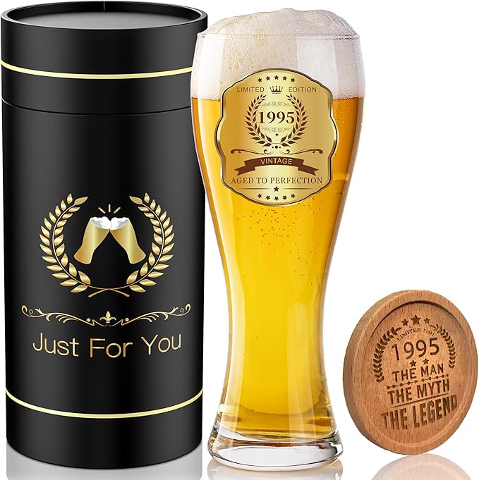 30th Birthday Beer Glasses Gifts, Personalized '1995' Vintage Glass Ware Set for Men, Black Gift Package with Drinking Glass, Coaster, and Card for 30 Years Old Man