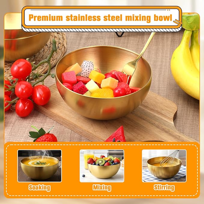 SHENLIU 10 Pcs 5.9 Inch Gold Mixing Bowls, Metal Stainless Steel Mixing Bowls Decorative for Salad Dessert Cereal Fruit Snack Soup Party Serving Cooking Baking Prepping