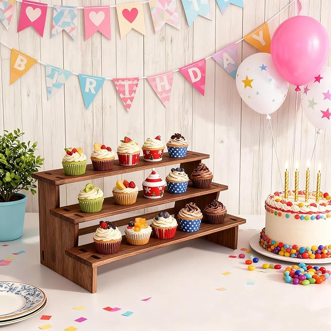 3 Tiered Tray Stand, Wooden Cupcake Stand, Perfume Organizers, Cologne Organizer for Men, Display Risers for Dessert, Spice, Candles, Matcha Station, No Tools Required to Install, 2 Pack