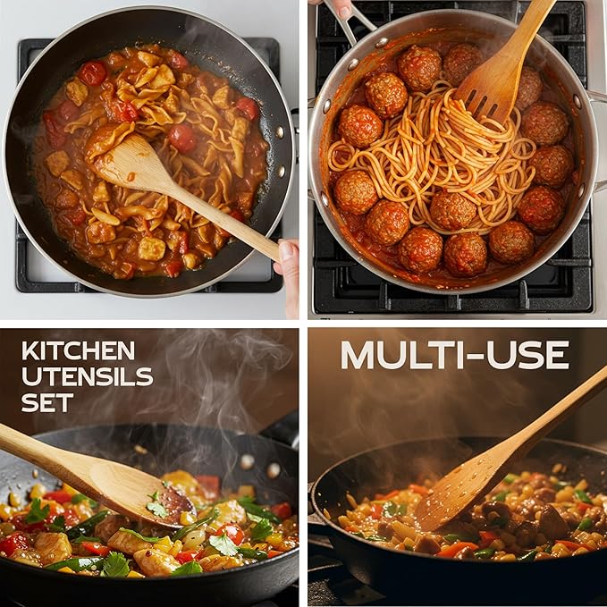 Wooden Spoons for Cooking set of 6 – Premium Wooden Spoons and Wooden Utensil set for everyday use – Versatile Cooking utensils set safe for nonstick pans – Durable wooden spoon kitchen utensils set