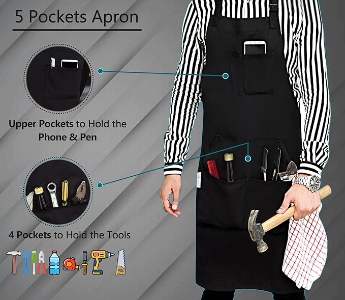 RUVANTI Work Apron for Men, Oil & Water Repellent, Poly Cotton Cross Back Aprons for Women with Pockets, Adjustable up to XXL