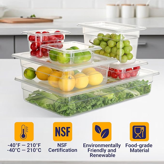 6 Pack NSF Food Pans with Lids, 1/6 Size 6'' Deep Commercial Food Storage Containers, Polycarbonate, Clear