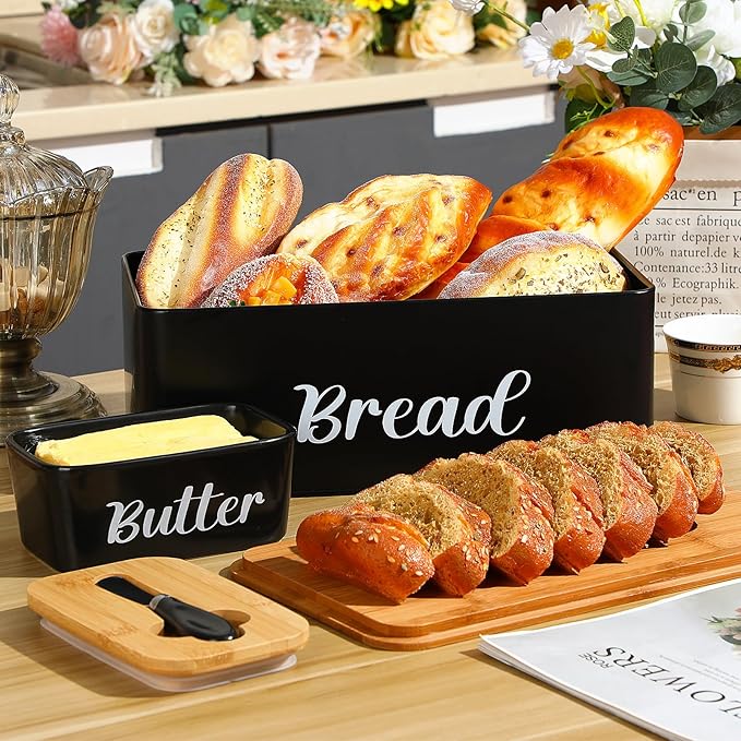 Hushee Metal Bread Box and Butter Dish with Bamboo Cutting Board Lid and Knife Bread Storage Container Breadbox for Kitchen Counter Butter Organizer for Kitchen Countertop Decoration(Black)