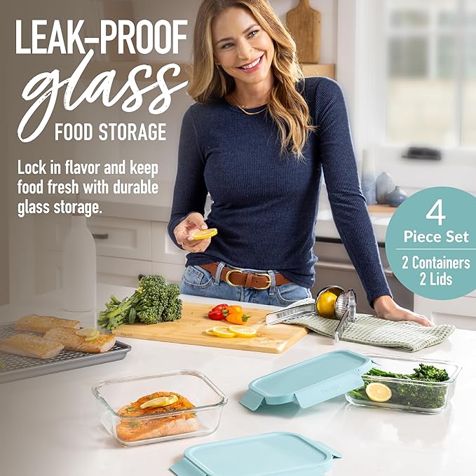Bentgo Glass Leak-Proof Food Storage Set - 4-Piece Glass Containers with BPA-Free Airtight Lids, Reusable & Durable for Leftovers & Meal Prep - Microwave, Freezer, Oven & Dishwasher Safe (Soft Aqua)