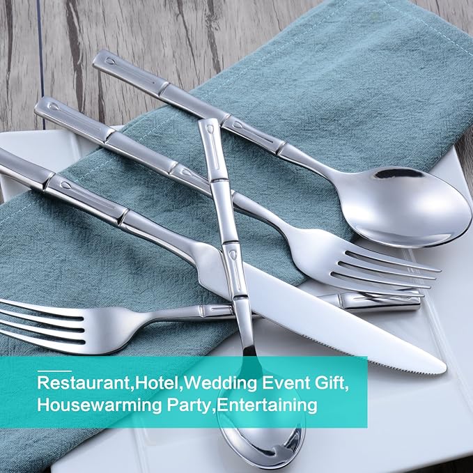 Silverware Set Silver Bamboo Handle Flatware Stainless Steel Heavy Cutlery Set 20 Pieces Mirror Polished Spoons Forks and Knives Service for 4