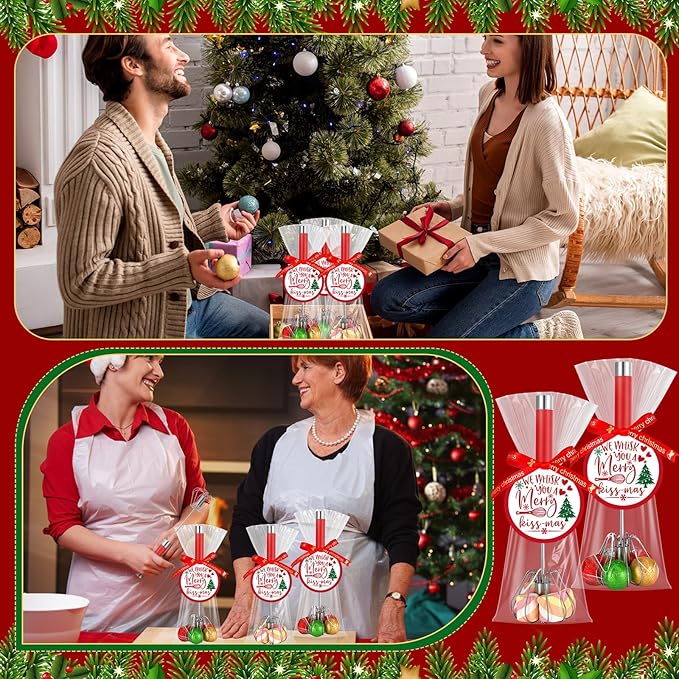 12 Pack Christmas Whisk Gifts Set Bulk Christmas Baking Set Includes Stainless Steel Whisk Xmas Greeting Cards Red Ribbons Clear Plastic Bags for Xmas Kitchen Gifts Cooking Baking Supplies