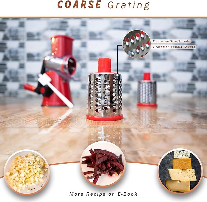 Rotary Cheese Grater with Handle - 3-in-1 Cheese Shredder - Easy to Clean Rotary Grater - Mandoline Vegetable Slicer Hand Crank - with Brush and Peeler - Red