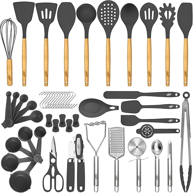Kaluns 50 PCS Silicone Kitchen Utensils Set Complete Kitchen Set - 800°F Heat Resistant Non-Stick Premium Cooking Utensils W Wooden Handles - Can Opener, Masher, Turner, Silicone Spatula Set