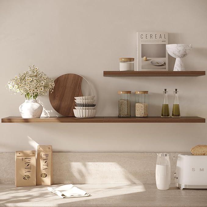 Wall Shelf Set of 3, Walnut Floating Shelves 36 in W x 10 in D x 1 in H, Wooden Floating Wall Shelf with Invisible Brackets for Living Room/Bedroom/Bathroom/Kitchen Storage and Decor