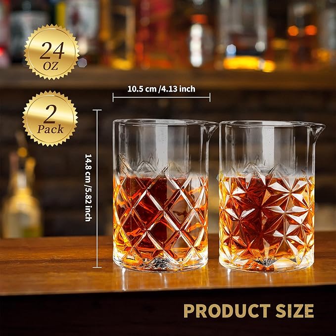 24 Oz Cocktail Mixing Glass Stirring Glasses for Whiskey Cocktail Mixing Shaker Glass Martini Old Fashioned Crystal Bar Set 700ml 2PCS