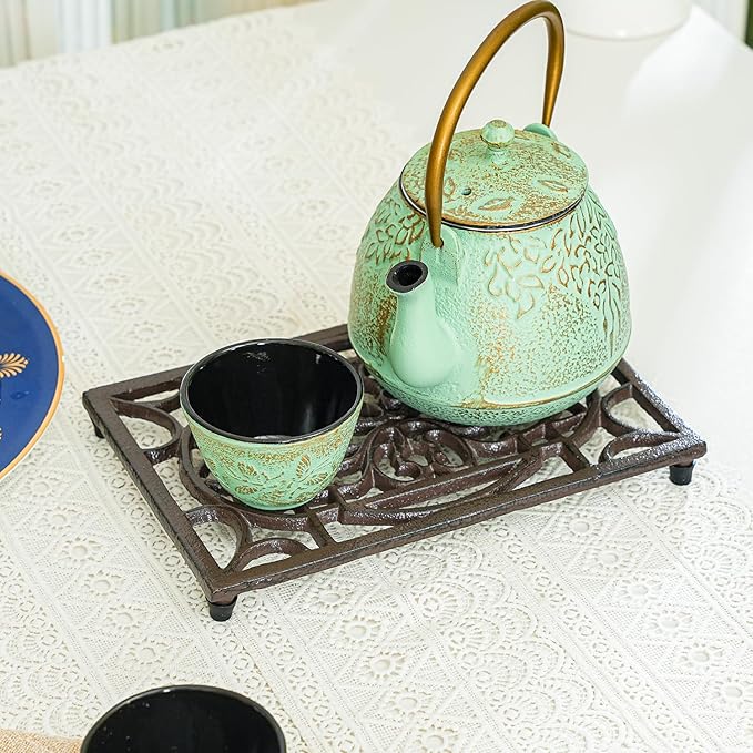 Sungmor Rectangle Cast Iron Trivets, Metal Trivet for Hot Pots and Pans, Heavy Duty Rustic Wood Stove Tea Pot Trivet, Decorative Hot Pot Holder for Kitchen Counter and Dining Table, Vintage Pattern